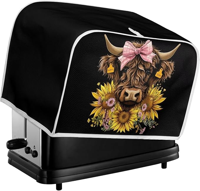 ZFRXIGN Sunflower Cow Toaster Cover 4 Slice Small Appliance Covers Kitchen Microwave Oven Dust Cover Case Protector Western Highland Cattle Toaster Covers Home Decorations Black