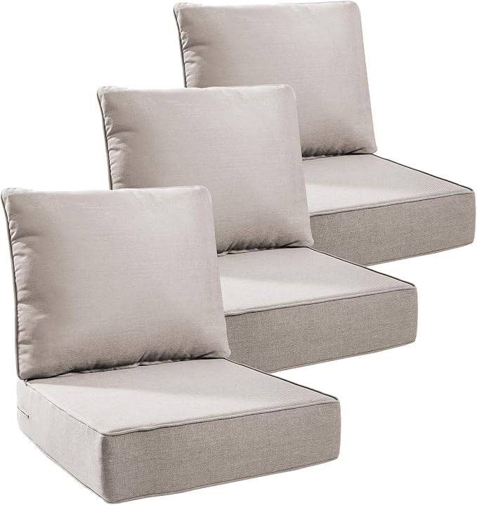Luxury 6" Outdoor Cushions for Patio Furniture, 24x24x6" Thick Seat Cushion Set of 3, Fade Resistant Couch Chair Replacement Cushions High Density Deep Wicker Chair Cushion w/ Removable Cover, Beige