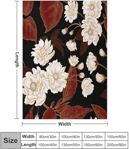 Red Gold Floral Blanket, Boho Dark Flower Leaves Chinese Plum Blossoms Botanical Vintage Throw Blanket for Bed Living Room Bedding Couch Soft Lightweight Warm Cozy Decor, 30"x40"
