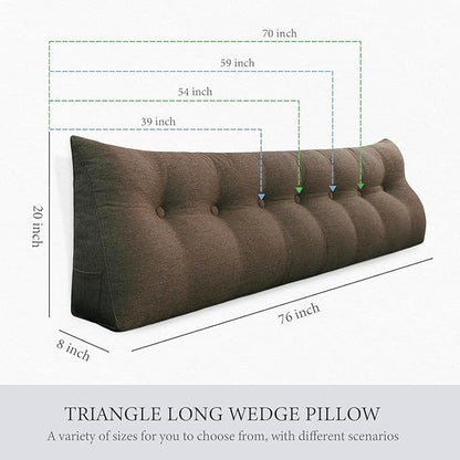 Wedge Headboard Pillow Dorm Room Reading Pillow Back Support for Sitting Up in Bed Bolster Lumbar Cushion Body Positioning Bedrest Cotton Linen 59in Coffee Queen