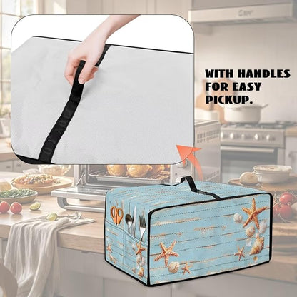 Dustproof Microwave Oven Cover Polyester-Linen Fabric Dust Cover for Microwave Oven Foldable Kitchen Machine Covers with Storage Pockets, Starfish Seashell Wood Grain Print, L