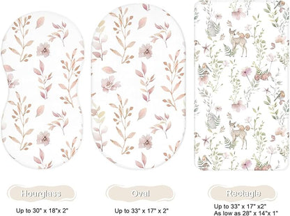 Bassinet Sheets for Baby Girls Boys 2 Pack, Fitted Baby Mattress Sheet for Rectangle, Oval, Hourglass Bassinet Mattress, Breathable Cozy & Universal Fit (Floral Fawn)