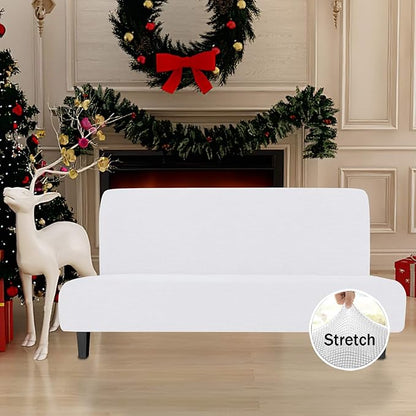Easy-Going Stretch Sofa Slipcover Armless Sofa Cover Furniture Protector Without Armrests Slipcover Soft with Elastic Bottom for Kids, Spandex Jacquard Fabric Small Checks(futon,Snow White)