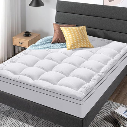 Twin Size Mattress Topper for Back Pain, Cooling Extra Thick Mattress Pad Cover with 8-21 inch Deep Pocket, Plush Pillow Top Mattress Topper Overfilled with Down Alternative, Twin Size, White