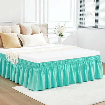 RIMELA Spa Blue Bed Skirt King Size 15 Inch Drop, Elastic Bed Skirting for Bed Base and Frame, Bedding Dust Ruffle Easy to Install, Lightweight Wrap Around Adjustable Bedskirt