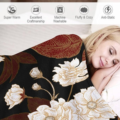 Red Gold Floral Blanket, Boho Dark Flower Leaves Chinese Plum Blossoms Botanical Vintage Throw Blanket for Bed Living Room Bedding Couch Soft Lightweight Warm Cozy Decor, 60"x80"