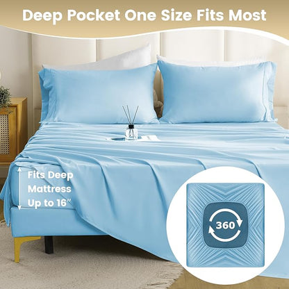 Silky Soft Twin XL Sheet Set - Luxury 3 Piece Breathable Cooling Microfiber Sheets, 16" Deep Pocket Easy Care Wrinkle Free Bedding Sheet and Pillowcase Set, Skye Blue