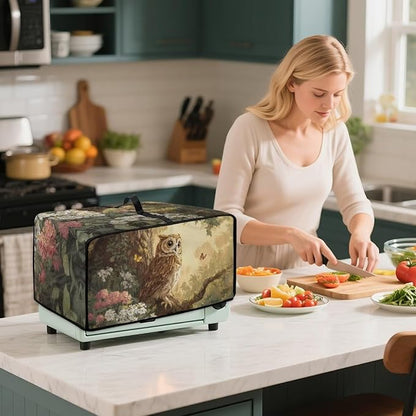 Owl Floral Tree Butterfly Print Microwave Oven Dust Cover Heavy Duty Microwave Oven Cover with Storage Pockets Foldable Dust-Proof Decor Accessories for Kitchen, L