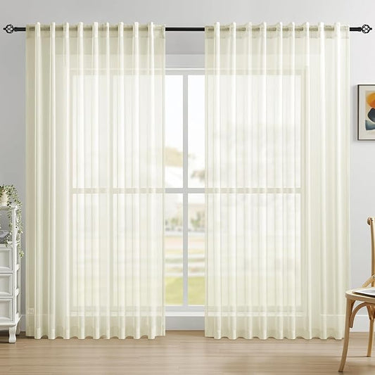 Dreaming Casa Ivory Sheer Curtains 84 Inches Long, Rod Pocket & Back Tab Light Filtering Textured Sheers for Living Room Bedroom, 2 Panels, Each 100" W x 84" L