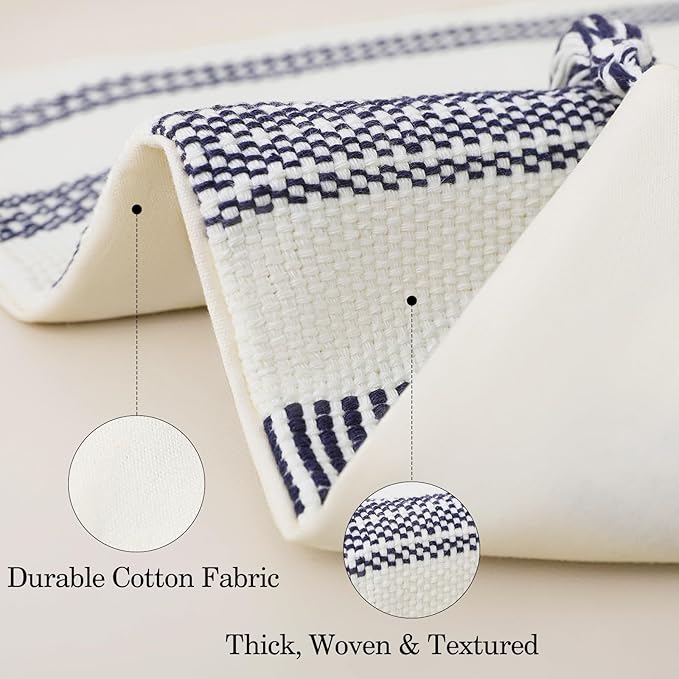 Smile Bee Boho Outdoor Couch Throw Pillow Covers Set of 2 Decorative Lumbar Thick Woven Striped Accent Neutral Pillow Covers with Tassels for Bed Sofa Home Decor 12x20 Inch, Navy Blue and Cream White