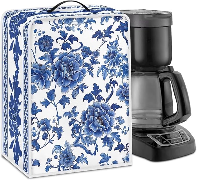 Coffee Maker Cover – Dust Protection Stain Resistant Washable Appliance Cover Kitchen Decoration Gifts For Coffee Lovers Blue White Floral Pattern