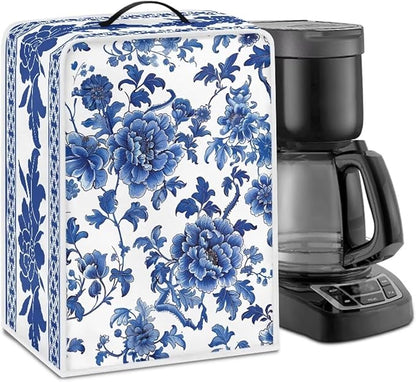 Coffee Maker Cover – Dust Protection Stain Resistant Washable Appliance Cover Kitchen Decoration Gifts For Coffee Lovers Blue White Floral Pattern