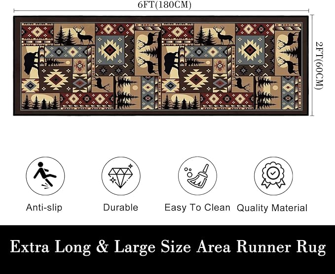 Cabin Wildlife Runner Rug 2x6,Buffalo Plaid Bear Moose Deer Country,Vintage Throw Carpet Washable Kitchen Runners Rustic Hallway Rugs Entrance Door Mat Non Slip Accent Area Rugs for Entryway,Laundry