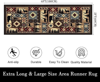 Cabin Wildlife Runner Rug 2x6,Buffalo Plaid Bear Moose Deer Country,Vintage Throw Carpet Washable Kitchen Runners Rustic Hallway Rugs Entrance Door Mat Non Slip Accent Area Rugs for Entryway,Laundry
