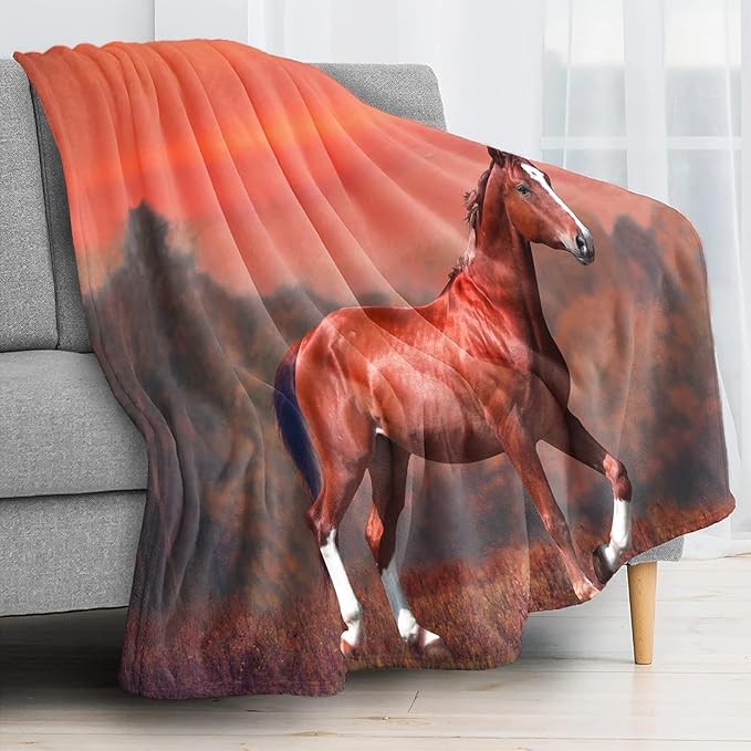 Sunset Horse Throw Blanket for Couch, Super Soft Fuzzy Throws Warm Comfortable Plush Fleece Blanket, Fashion Decorative Flannel Fleece Blanket for All Season(50 x 60 in, Horse & Sunset)
