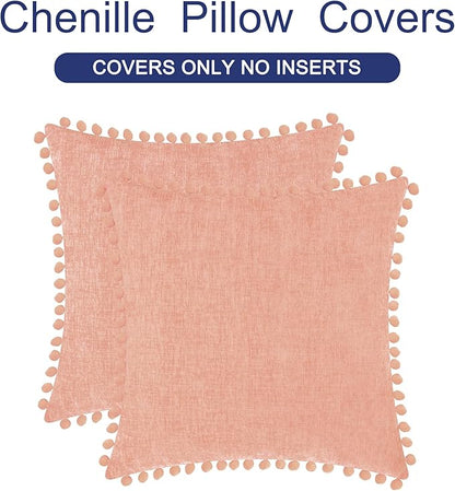 CaliTime Throw Pillow Covers Decorative 16 X 16 Inches Pack of 2 Cozy Solid Dyed Soft Chenille Cushion Cases with Pom Poms for Couch Sofa Bed Living Room Home Dusty Pink