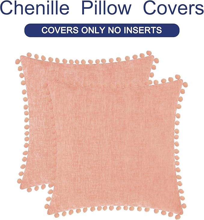 CaliTime Throw Pillow Covers Decorative 22 X 22 Inches Pack of 2 Cozy Solid Dyed Soft Chenille Cushion Cases with Pom Poms for Couch Sofa Bed Living Room Home Dusty Pink