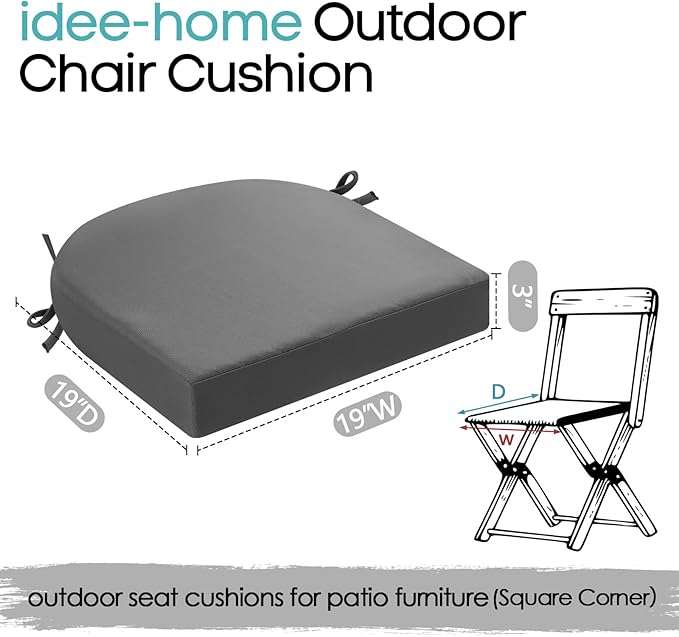 idee-home Outdoor Chair Cushions Set of 4, Thick 19" x 19" x 3" Outdoor Seat Cushions Patio Furniture Waterproof with Ties, Dining Pads
