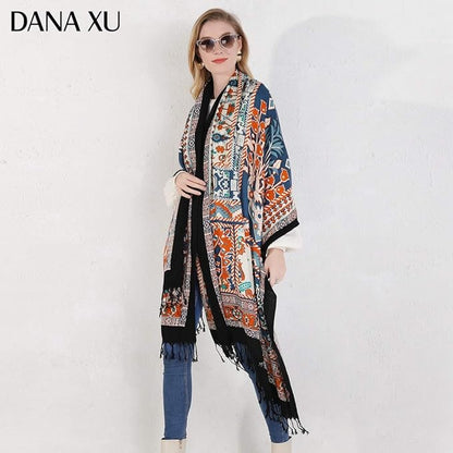 DANA XU 100% Merino Wool Pashmina Shawl for Women 96"x43", Oversized Cashmere Wrap with Tassels, Floral Travel Blanket Cape
