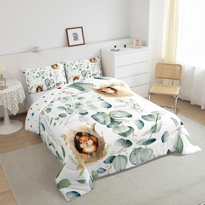 Erosebridal Kawaii Squirrel King Size Comforter Set for Boys Girls Cartoon Animal Bedding Set, Eucalyptus Leaves Down Comforter Jungle Wildlife Bed Set, Tropical Botanical Plants Quilted Duvet