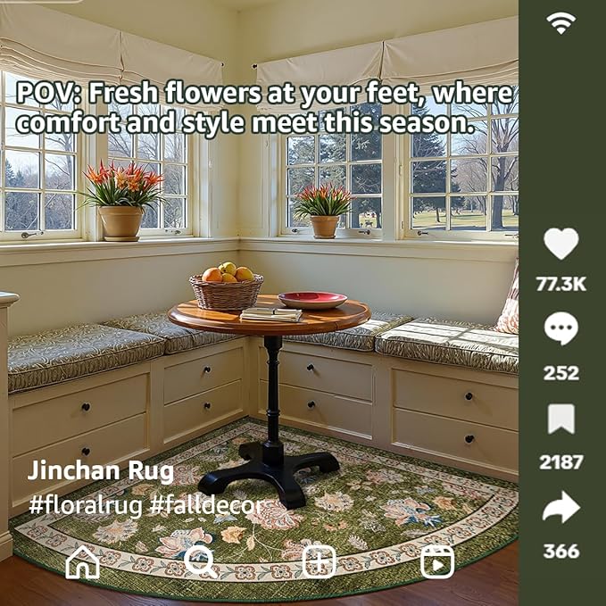 jinchan Elora Floral Corner Rug for Living Room Washable Rug Vintage Romance Christmas Design Non Slip Quarter Circle Lightweight Low-Pile Throw Carpet for Reading Nook Playroom, 7ft Radius, Green