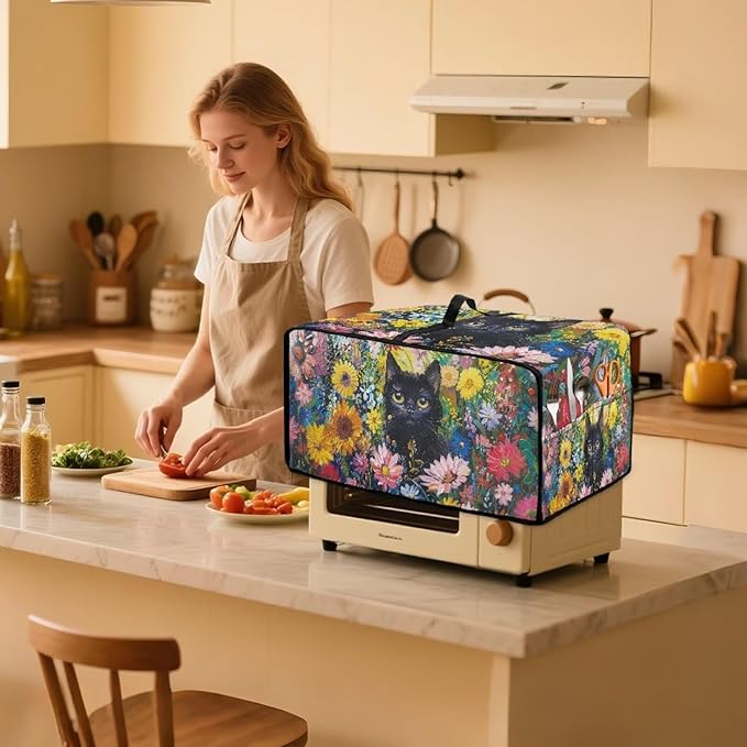 Microwave Oven Dust Cover Heavy Duty Microwave Oven Cover Waterproof Dust-Proof Kitchen Machine Covers Case Protections for Toaster Oven, Oil Painting Cat Sunflower Daisy Print, L