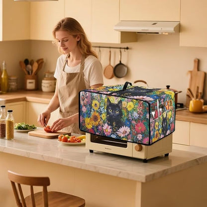 Microwave Oven Dust Cover Heavy Duty Microwave Oven Cover Waterproof Dust-Proof Kitchen Machine Covers Case Protections for Toaster Oven, Oil Painting Cat Sunflower Daisy Print, L