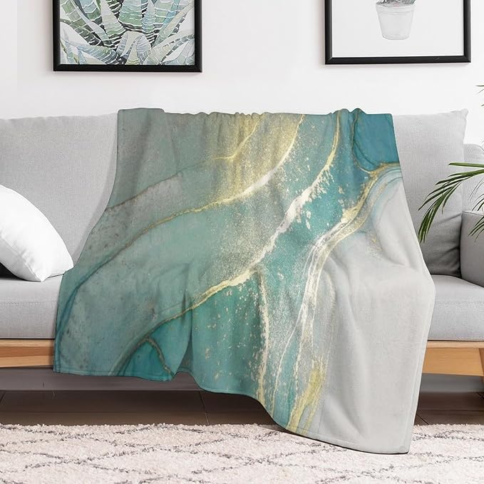 Abstract Marble Blanket, Modern Luxury Baroque Golden Lake Green Stone Veins Pattern Soft Warm Cozy Plush Flannel Covers for Livingroom Bedroom Couch Chair Camping Travel Home Decor Tapestry 50x60in