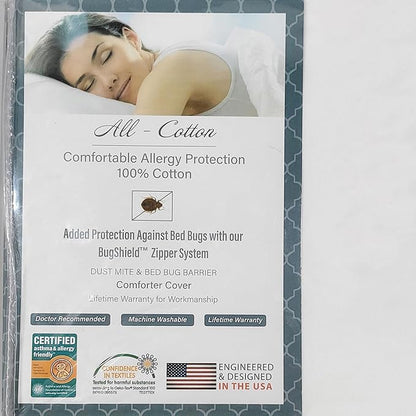 National Allergy Premium 100% Cotton Duvet Comforter Protector - Long Twin Size - 70" x 90" - White - Breathable 300 Thread Count Hypoallergenic Cover - Zippered Encasement - Bedding Linen