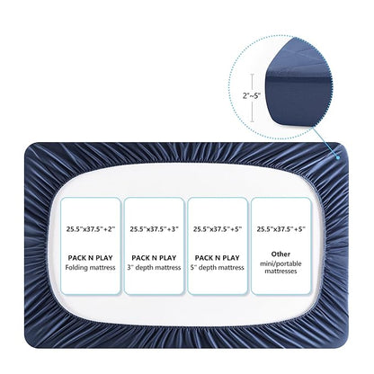TILLYOU Pack and Play Sheets for Toddler Mattress, Mini Crib Sheets Fitted Up to 3" Deep, Breathable and Soft fit 39"x27", Navy