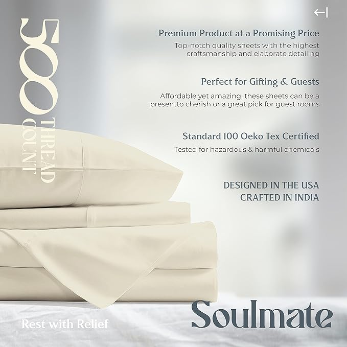 Mayfair Linen 500 Thread Count California King Cotton Sheets - 4 PC Cal King Size Bed Sheet Set Cotton (Sand), Soft, Cooling, Sateen Weave 16" Deep Pocket Bedsheet for Hot Sleepers (Fits 18" Mattress)