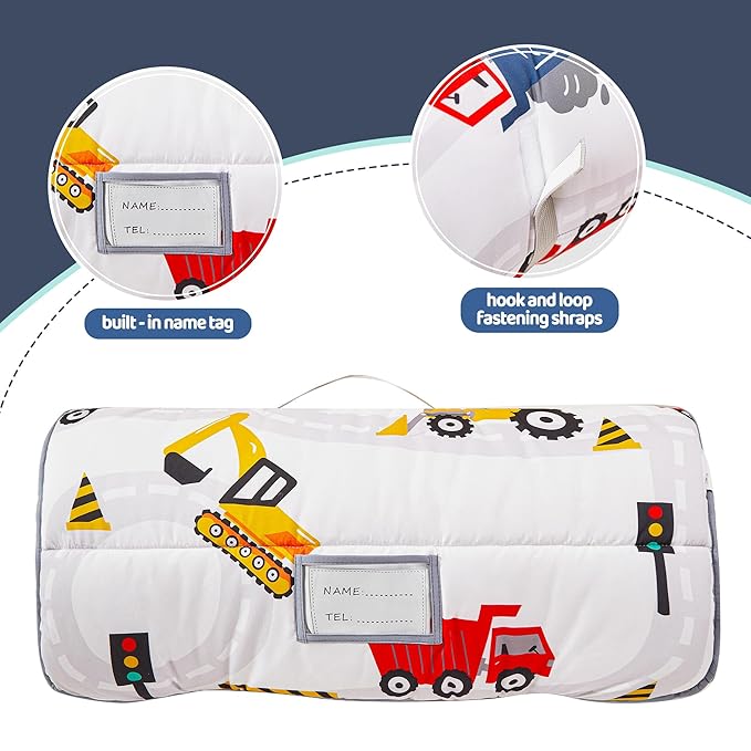Viviland Toddler Kid Nap Mat for Preschool, Boys Car Truck Slumber Bag, Daycare Sleeping Bag with Pillow and Blanket, Kindergarten Sleep Mat