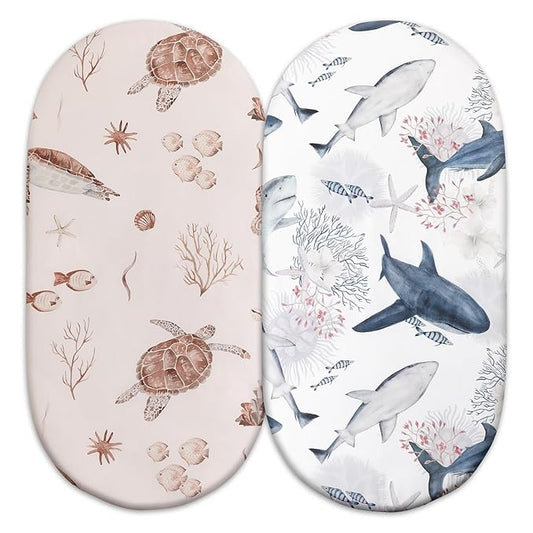 Gllquen Baby Bassinet Sheets Set 2-Pack, Breathable Cozy Bassinet Fitted Sheet Universal Fit Standard Mattress Oval Rectangle Cradle Baby Sheets for Baby Boy Girls Unisex 32"x16" (Sea Turtle)