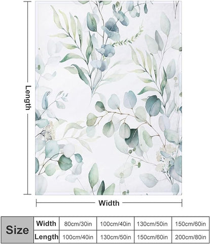 Eucalyptus Leaf Throw Blanket, Watercolor Floral Spring Botanical Green Plants Herb Print Cozy Plush Blanket for Bedroom Living Rooms Sofa Couch, 60"x80"