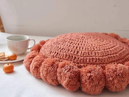 Boho Round Throw Pillow with Pom Poms Fringe Tassels, Bohemian Cute Decorative Circular Pillow with Knitted Texture for Sofa Chair, Acrylic Diameter 18 inches, Orange