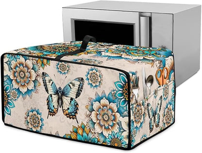 Microwave Oven Dust Cover Waterproof Polyester-Linen Fabric Microwave Oven Cloth Cover Universal Case Protections Protector with Storage Bags, Boho Mandala Floral Butterfly Print, S