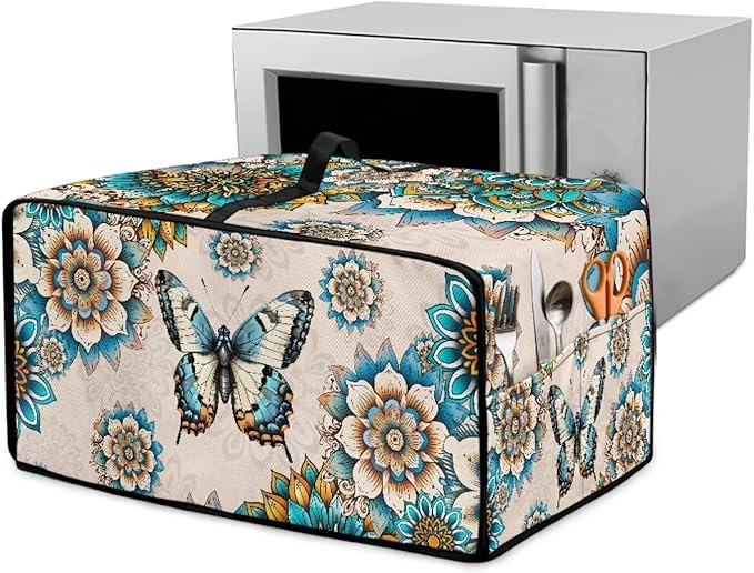 Microwave Oven Dust Cover Waterproof Polyester-Linen Fabric Microwave Oven Cloth Cover Universal Case Protections Protector with Storage Bags, Boho Mandala Floral Butterfly Print, L