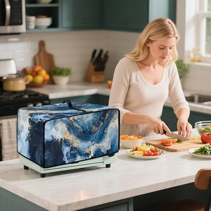 Blue Golden Marble Texture Print Microwave Oven Cover Dust-Proof Polyester-Linen Fabric Toaster Oven Cover Easy to Clean Microwave Grill Cover Protector with Top Handle, M