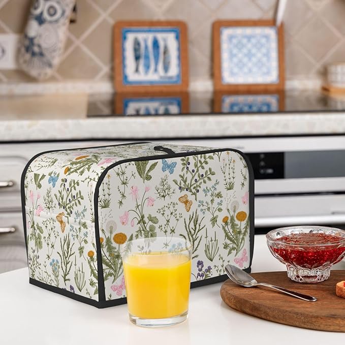 Vintage Flower Wild Herb Floral 2 Slice Toaster Cover, Waterproof Toaster Dust Cover Bread Maker Protective For Small Kitchen Appliance Dining Room Home Table Decor Gifts