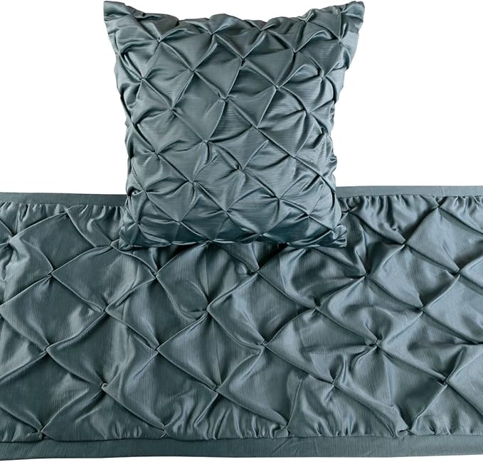 The HomeCentric Designer Blue Full 68 x 18 inch Bed Runner with 2 Pillow Cover Set, Satin Pintucks Bed Scarf, Solid Color Modern - Satin Nights