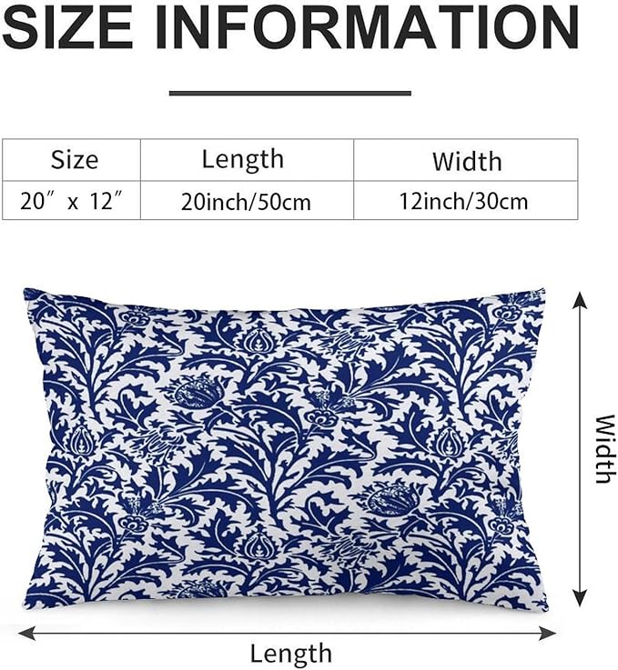 Thistle Damask Navy Blue and White William Morris Throw Pillow Covers 12x20 Inch Aesthetic Pillow Velvet Decorative Pillowcase Home Decor Living Room Cushion Case for Bed Sofa Couch