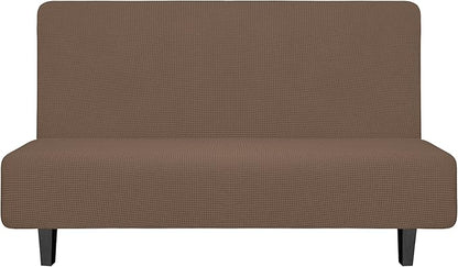 Easy-Going Stretch Futon Slipcover Armless Futon Bed Cover Furniture Protector Without Armrests with Elastic Bottom for Kids, Soft Jacquard Fabric Small Checks (Medium, Brown)