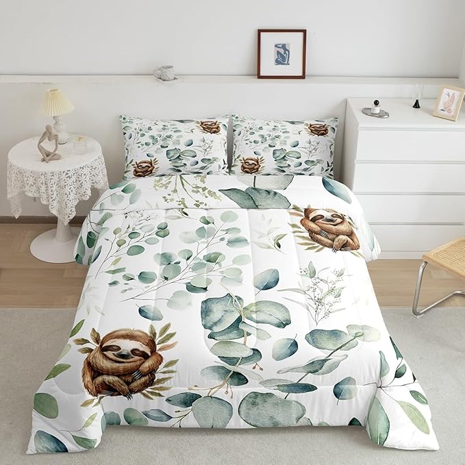 Erosebridal Girls Kawaii Animal Bedding Toddler Size Cute Sloth Comforter Set, Cartoon Wildlife Duvet Insert Green Leaf Quilt Comforter, Spring Plant Bedding Comforters & Sets Child Kids Bedroom Decor