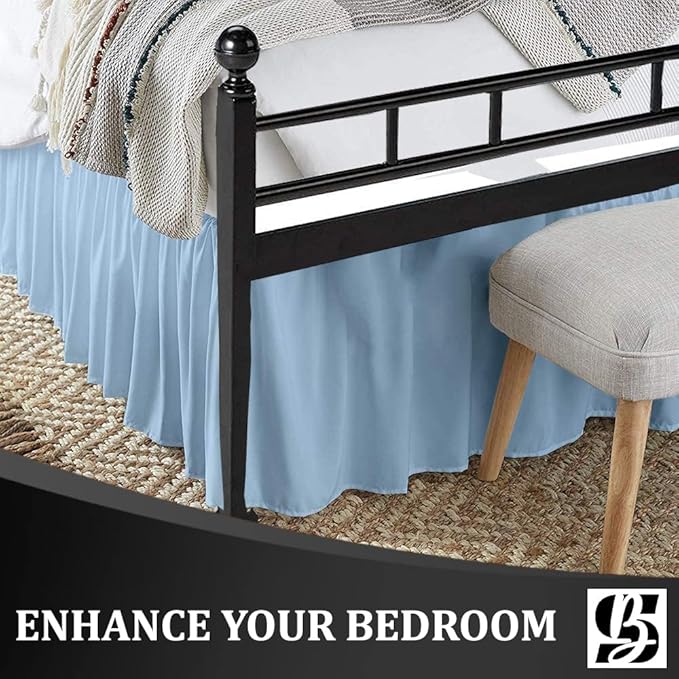 SKY BEDDINGS - Twin Size Ruffled Bed Skirt with Split Corners - 21 Inch Drop Dust Ruffle Bed Skirt with Platform Three Sided Coverage - 100% Microfiber, Light Blue