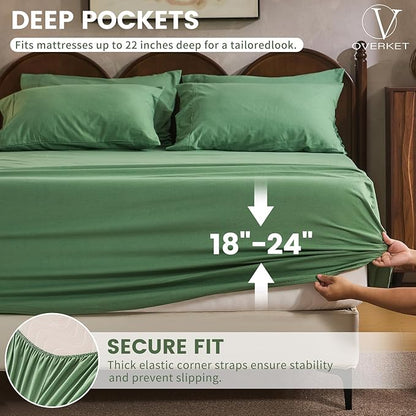 100% Linen Sheet Set King Size Extra Deep Pocket Fits 18-24 Inch Mattress, Breathable & Soft, Smooth 4-Piece Set for Thick Mattresses Hotel Luxury Bedding（King, Sage Green）