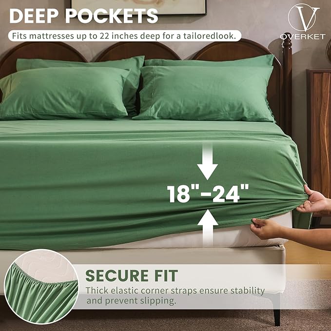 100% Linen Sheet Set King Size Extra Deep Pocket Fits 18-24 Inch Mattress, Breathable & Soft, Smooth 6-Piece Set for Thick Mattresses Hotel Luxury Bedding（King, Sage Green）