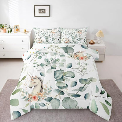 Erosebridal Kids Cute Animal King Bedding Sets for Girls Boys Cartoon Unicorn Comforter Set, Spring Eucalyptus Duvet Insert Floral Down Comforter, Kawaii Magical Animal Bedding Comforter Sets