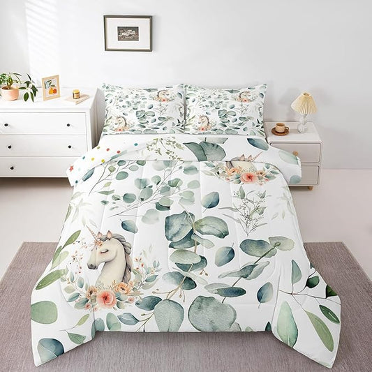 Erosebridal Kids Cute Animal Toddler Size Comforter Set for Girls Boys Cartoon Unicorn Bedding Set, Spring Eucalyptus Down Comforter Watercolor Floral Bed Set, Kawaii Magical Animal Quilted Duvet