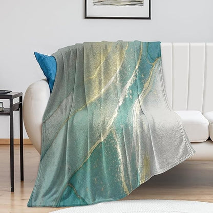 Abstract Marble Blanket, Modern Luxury Baroque Golden Lake Green Stone Veins Pattern Soft Warm Cozy Plush Flannel Covers for Livingroom Bedroom Couch Chair Camping Travel Home Decor Tapestry 30x40in