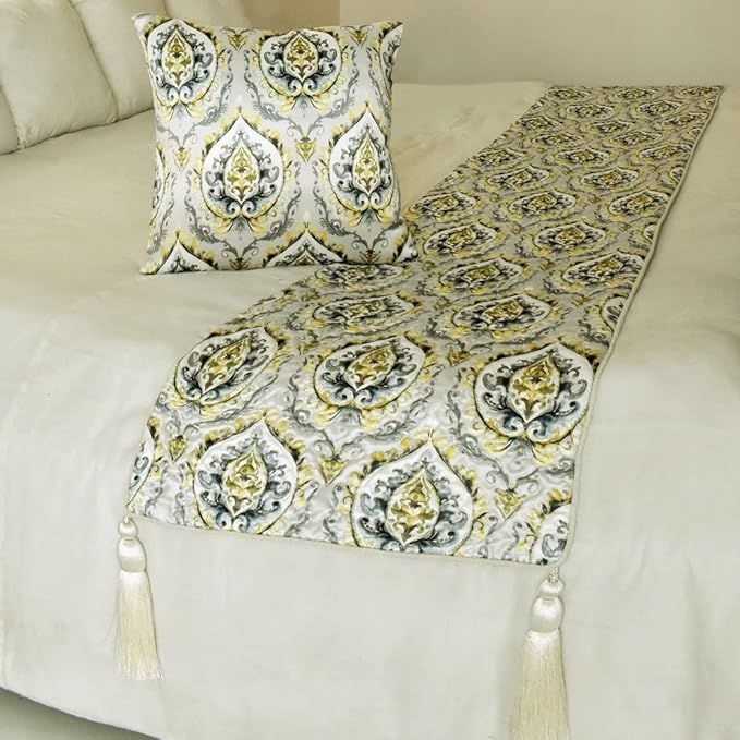 The HomeCentric King/Queen/Twin Grey & Yellow Designer Twin 53"x18" Bed Runner with 2 Pillow Cover, Quilted, Damask & Tassels Bed Scarf on Jacquard Fabric - Flamey Damask